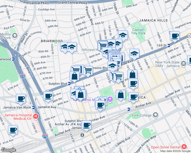 map of restaurants, bars, coffee shops, grocery stores, and more near 150-11 Hillside Avenue in Queens