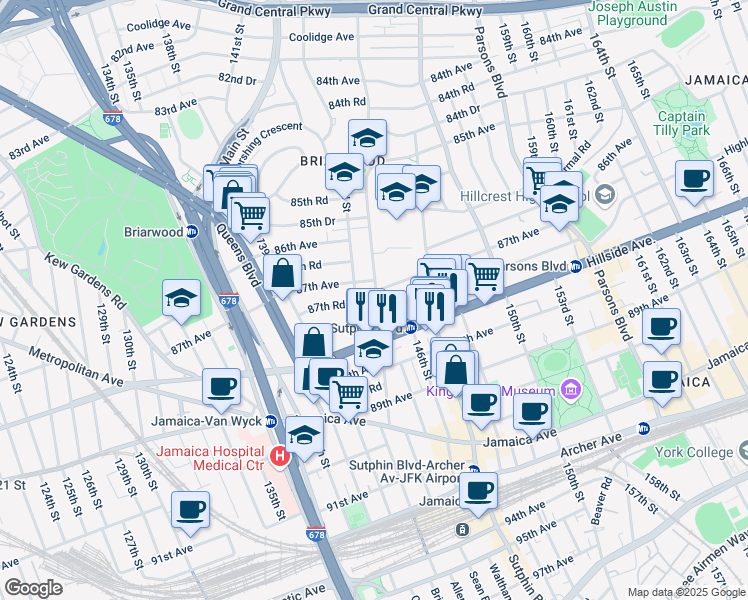 map of restaurants, bars, coffee shops, grocery stores, and more near 144-01 87th Avenue in Queens