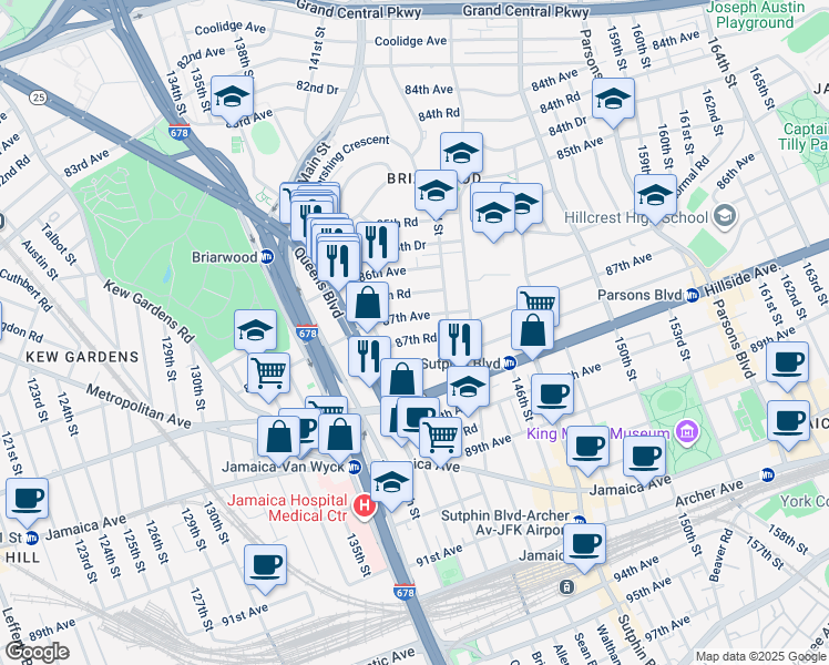 map of restaurants, bars, coffee shops, grocery stores, and more near 139-29 87th Avenue in Queens