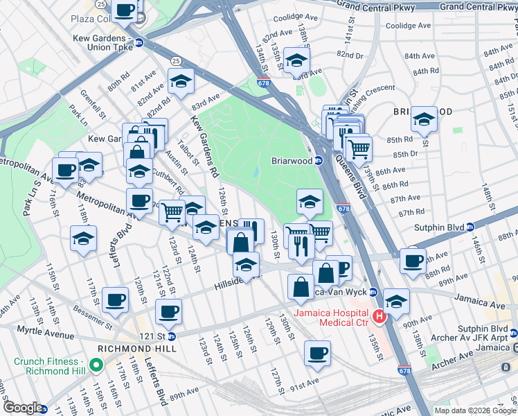 map of restaurants, bars, coffee shops, grocery stores, and more near 12715 Kew Gardens Road in Queens