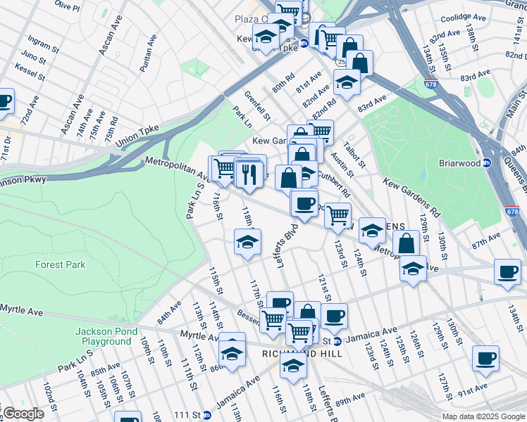 map of restaurants, bars, coffee shops, grocery stores, and more near 83-28 Abingdon Road in Queens