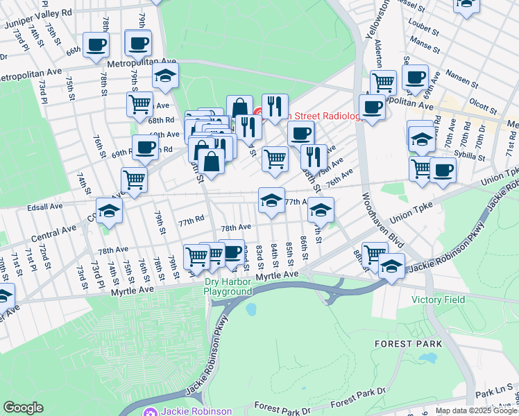 map of restaurants, bars, coffee shops, grocery stores, and more near 83-01 77th Avenue in Queens
