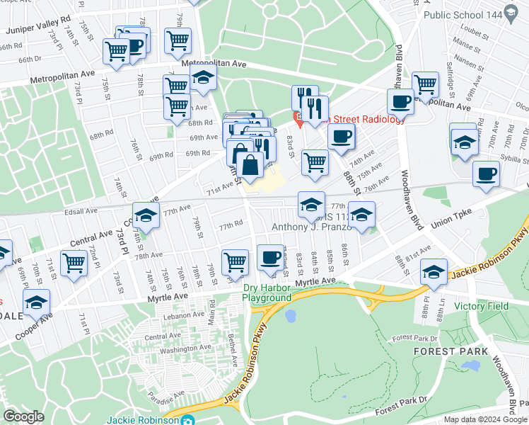map of restaurants, bars, coffee shops, grocery stores, and more near 81-31 77th Avenue in Queens