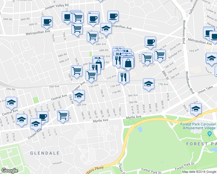 map of restaurants, bars, coffee shops, grocery stores, and more near 7945 77th Avenue in Queens