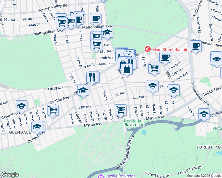 map of restaurants, bars, coffee shops, grocery stores, and more near 7945 77th Avenue in Queens