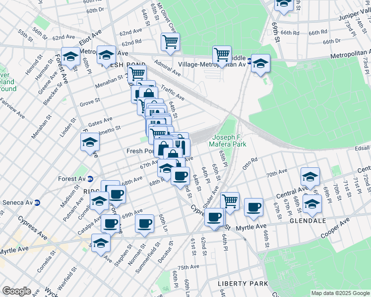 map of restaurants, bars, coffee shops, grocery stores, and more near 64-14 Madison Street in Queens