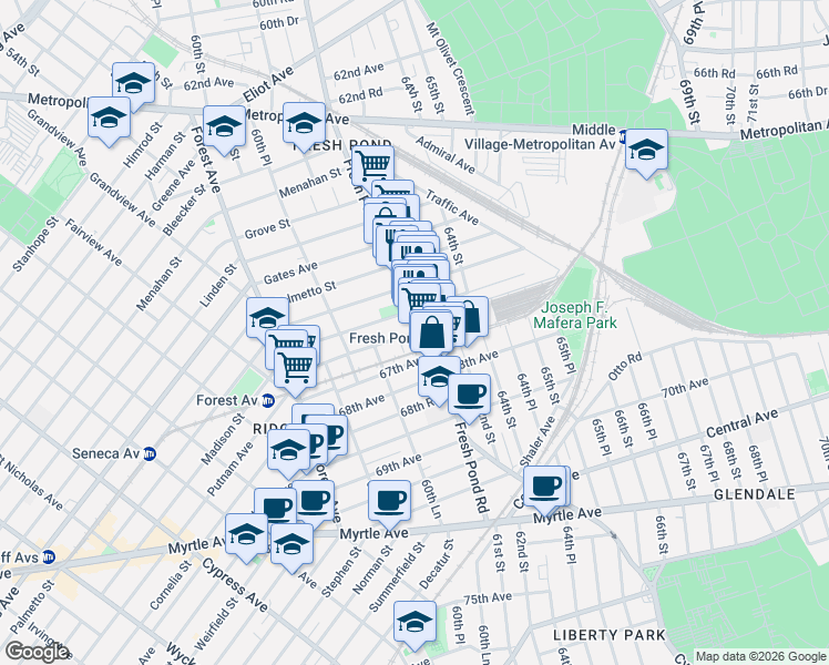 map of restaurants, bars, coffee shops, grocery stores, and more near in Queens