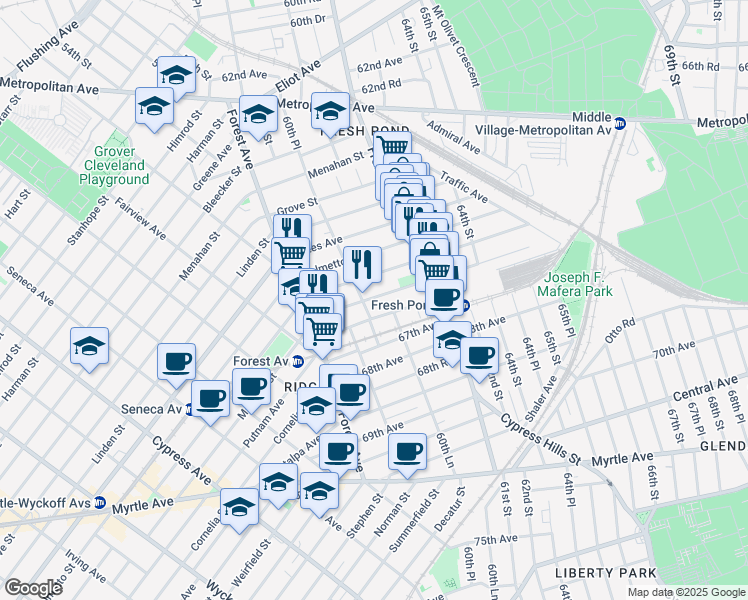 map of restaurants, bars, coffee shops, grocery stores, and more near 6004 Woodbine Street in Queens