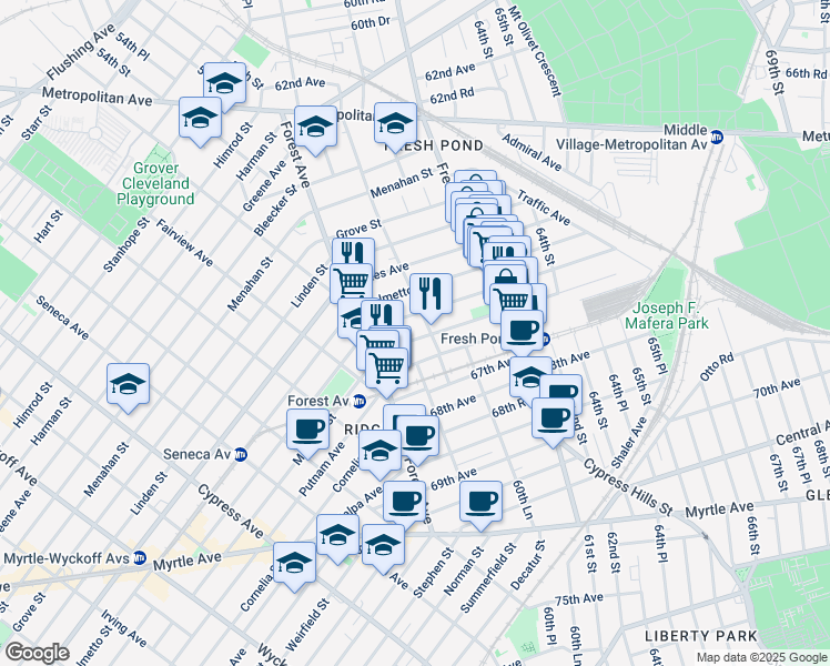 map of restaurants, bars, coffee shops, grocery stores, and more near 6004 Woodbine Street in Queens