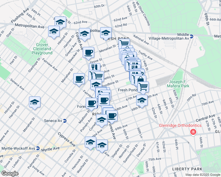 map of restaurants, bars, coffee shops, grocery stores, and more near 6004 Woodbine Street in Queens