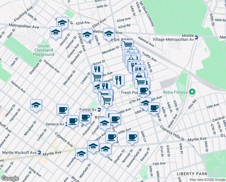 map of restaurants, bars, coffee shops, grocery stores, and more near 6004 Woodbine Street in Queens
