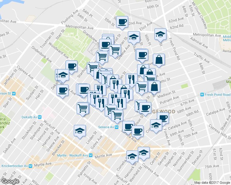 map of restaurants, bars, coffee shops, grocery stores, and more near 2 Saint Johns Road in Queens