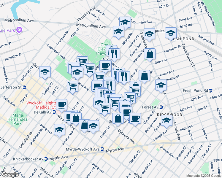 map of restaurants, bars, coffee shops, grocery stores, and more near 18-67 Greene Avenue in Queens