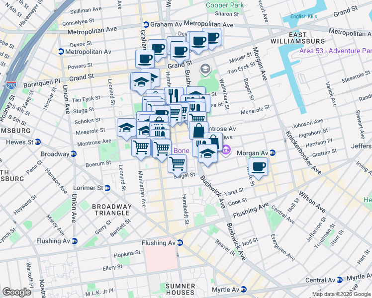 map of restaurants, bars, coffee shops, grocery stores, and more near 221 Johnson Avenue in Brooklyn