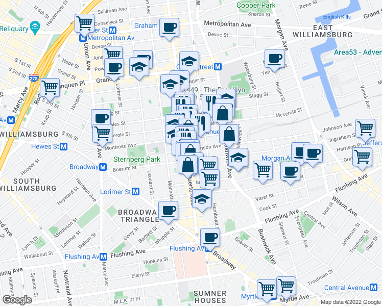 map of restaurants, bars, coffee shops, grocery stores, and more near 181 Montrose Avenue in Brooklyn