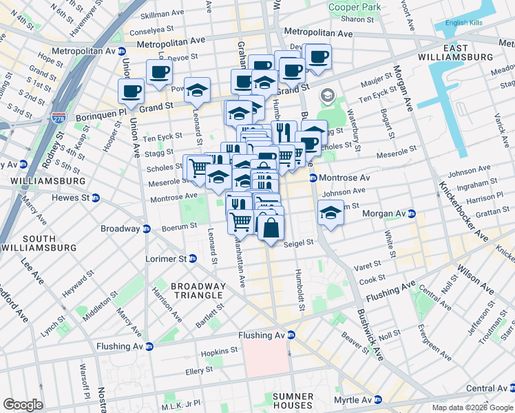 map of restaurants, bars, coffee shops, grocery stores, and more near 138 Montrose Avenue in Brooklyn