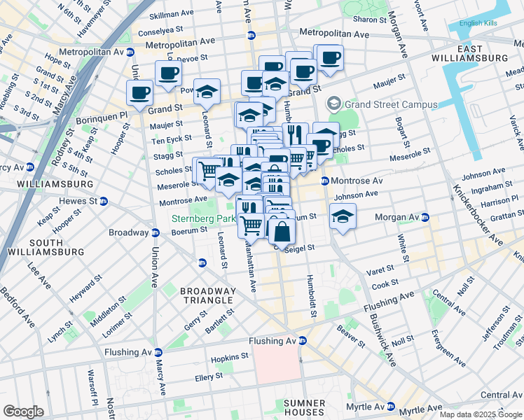 map of restaurants, bars, coffee shops, grocery stores, and more near 138 Montrose Avenue in Brooklyn