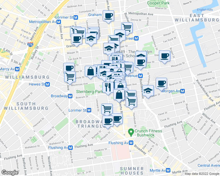 map of restaurants, bars, coffee shops, grocery stores, and more near 138 Montrose Avenue in Brooklyn
