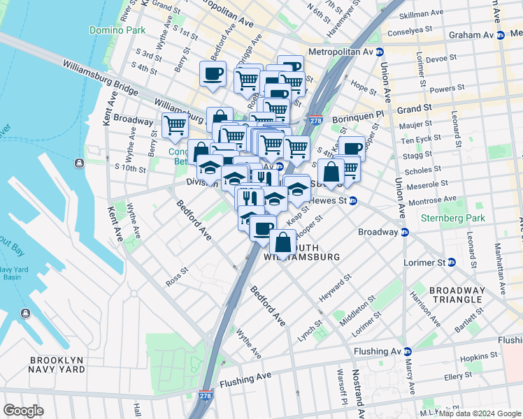 map of restaurants, bars, coffee shops, grocery stores, and more near 219 Ross Street in Brooklyn