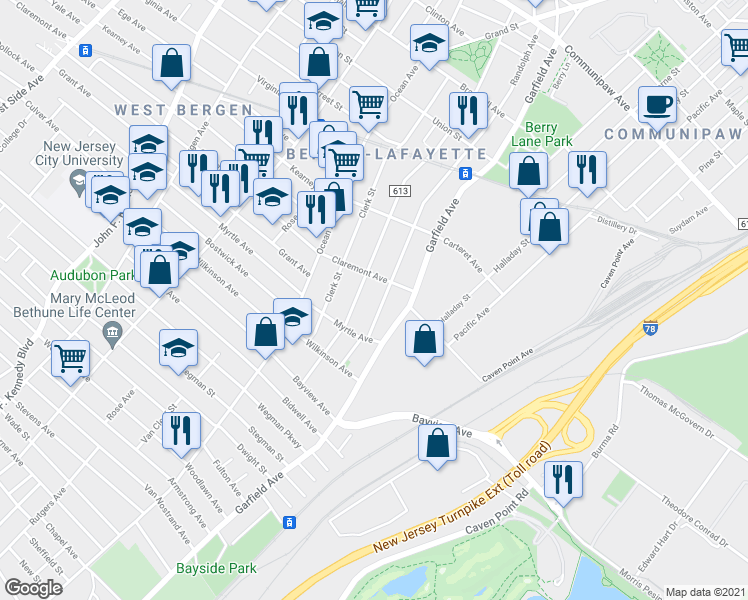 map of restaurants, bars, coffee shops, grocery stores, and more near 29 Claremont Avenue in Jersey City