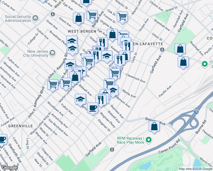 map of restaurants, bars, coffee shops, grocery stores, and more near 91 Myrtle Avenue in Jersey City