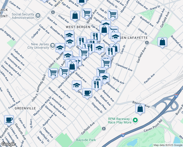 map of restaurants, bars, coffee shops, grocery stores, and more near 53 Bostwick Avenue in Jersey City