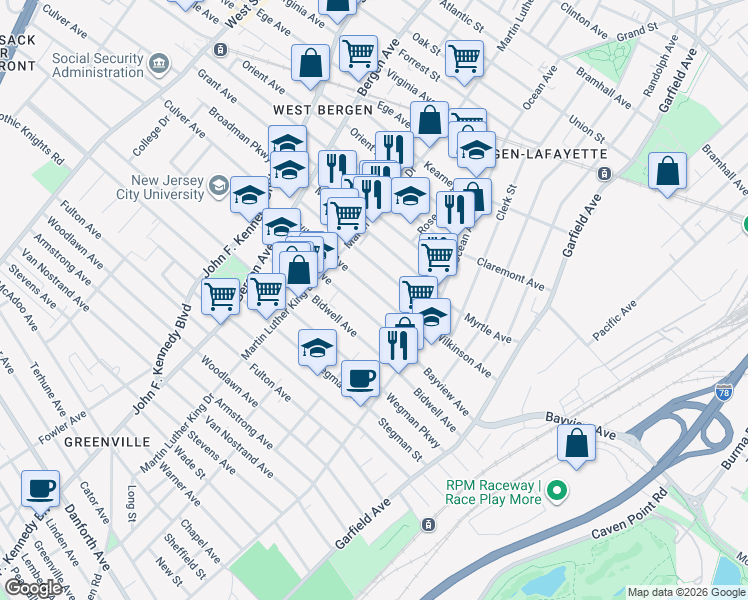 map of restaurants, bars, coffee shops, grocery stores, and more near 53 Bostwick Avenue in Jersey City