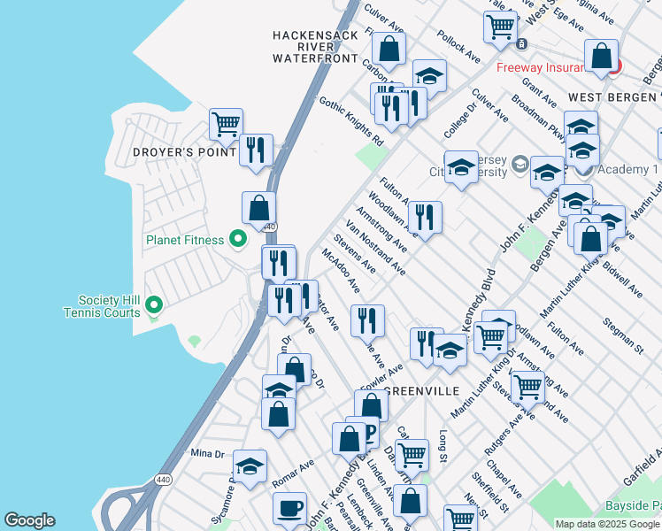 map of restaurants, bars, coffee shops, grocery stores, and more near 236 McAdoo Avenue in Jersey City