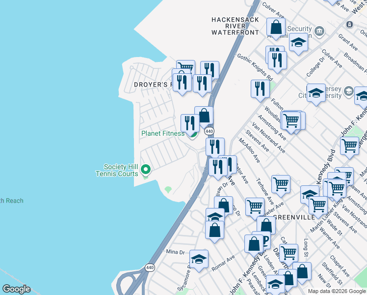 map of restaurants, bars, coffee shops, grocery stores, and more near 17 Juniper Street in Jersey City
