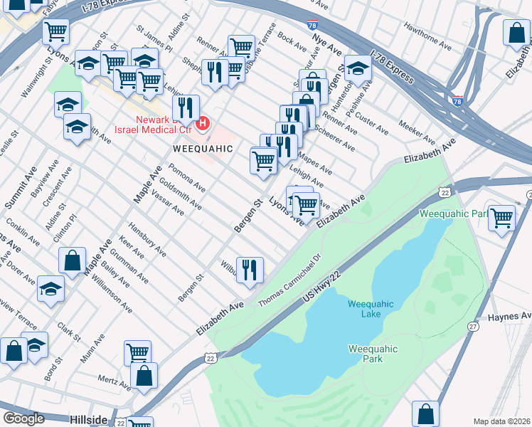 map of restaurants, bars, coffee shops, grocery stores, and more near 59 Lyons Avenue in Newark