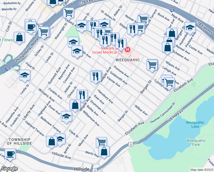 map of restaurants, bars, coffee shops, grocery stores, and more near in Newark
