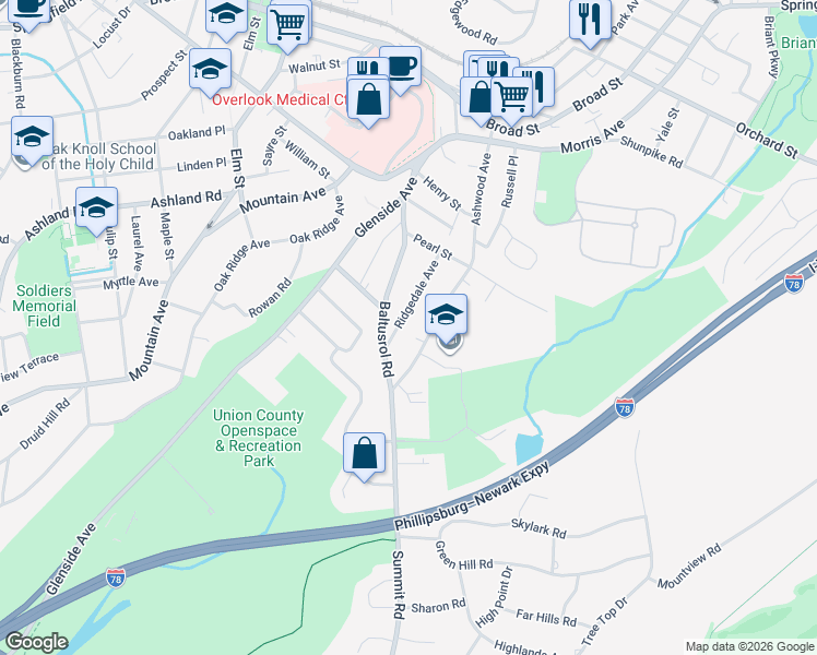 map of restaurants, bars, coffee shops, grocery stores, and more near 26 Ridgedale Avenue in Summit