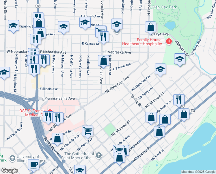 map of restaurants, bars, coffee shops, grocery stores, and more near 1610 North Delaware Street in Peoria