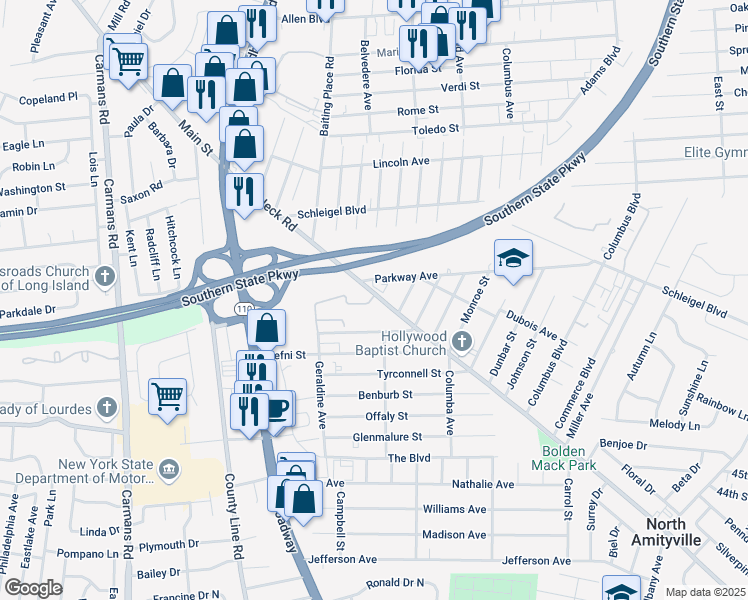 map of restaurants, bars, coffee shops, grocery stores, and more near 3547 Great Neck Road in Amityville