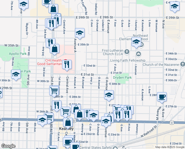 map of restaurants, bars, coffee shops, grocery stores, and more near 320 East 31st Street in Kearney