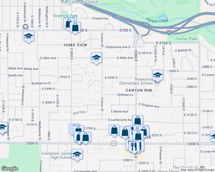 map of restaurants, bars, coffee shops, grocery stores, and more near 2981 Connor Street in Salt Lake City