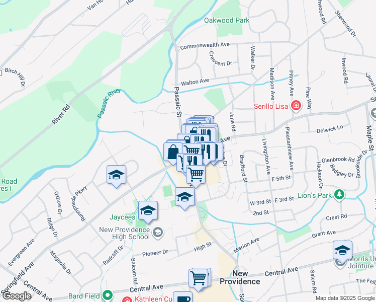 map of restaurants, bars, coffee shops, grocery stores, and more near 25 Passaic Street in New Providence