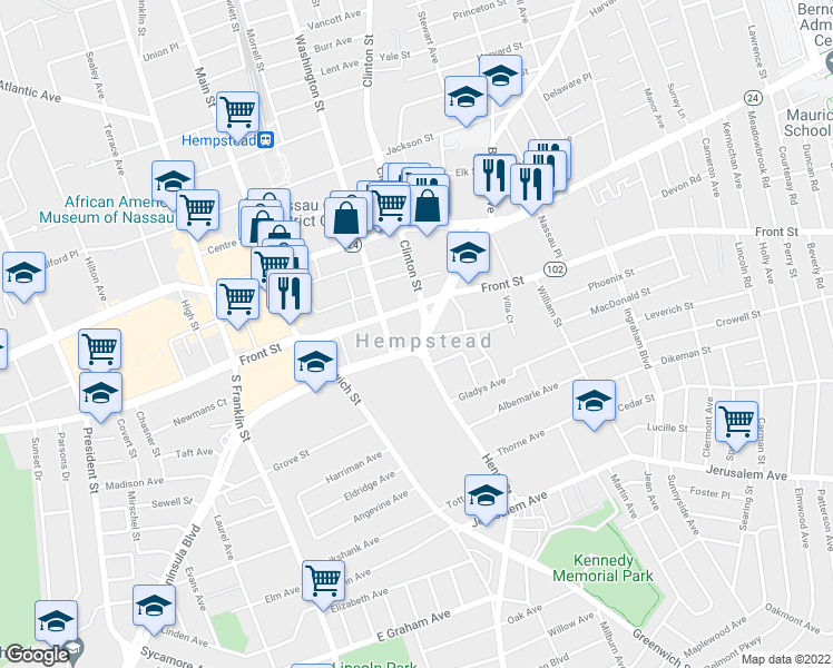 map of restaurants, bars, coffee shops, grocery stores, and more near 138 Peninsula Blvd in Hempstead