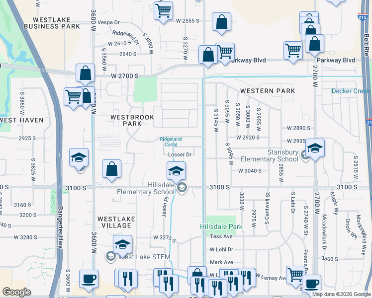 map of restaurants, bars, coffee shops, grocery stores, and more near 3261 Brookway Drive in West Valley City