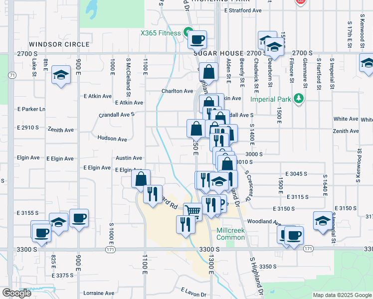 map of restaurants, bars, coffee shops, grocery stores, and more near 2970 South Richmond Street in Salt Lake City