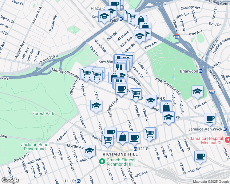 map of restaurants, bars, coffee shops, grocery stores, and more near 119-07 Metropolitan Avenue in Queens
