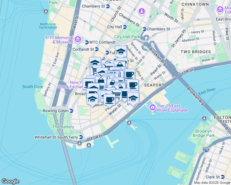 map of restaurants, bars, coffee shops, grocery stores, and more near Pine Street in New York