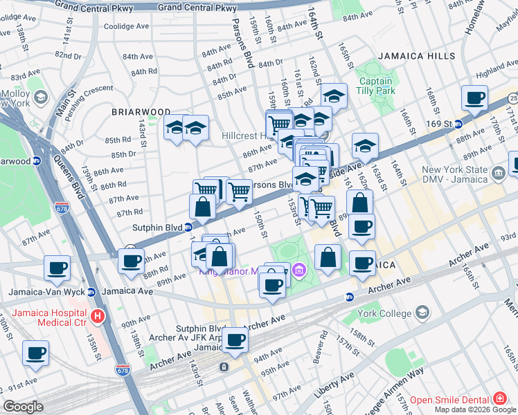 map of restaurants, bars, coffee shops, grocery stores, and more near 150-11 Hillside Avenue in Queens