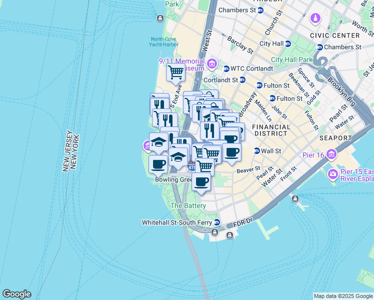 map of restaurants, bars, coffee shops, grocery stores, and more near 21 West Street in New York