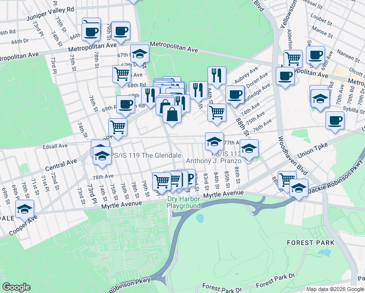 map of restaurants, bars, coffee shops, grocery stores, and more near 81-31 77th Avenue in Queens