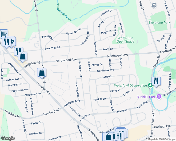 map of restaurants, bars, coffee shops, grocery stores, and more near 3500 Rocky Lane in Easton