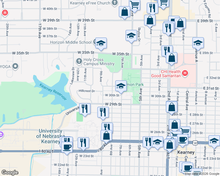 map of restaurants, bars, coffee shops, grocery stores, and more near 815 West 31st Street in Kearney
