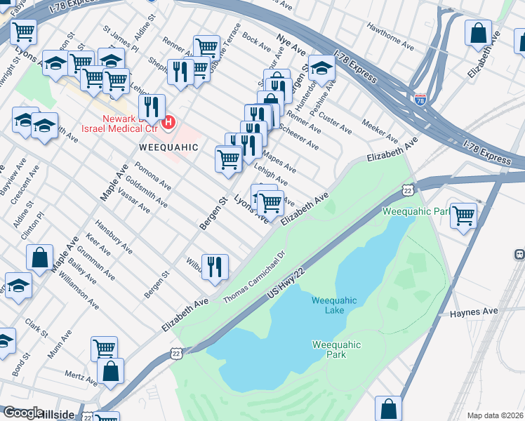 map of restaurants, bars, coffee shops, grocery stores, and more near 42-44 Stengel Avenue in Newark