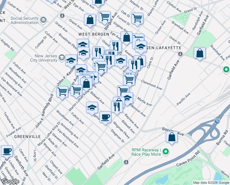 map of restaurants, bars, coffee shops, grocery stores, and more near 53 Bostwick Avenue in Jersey City