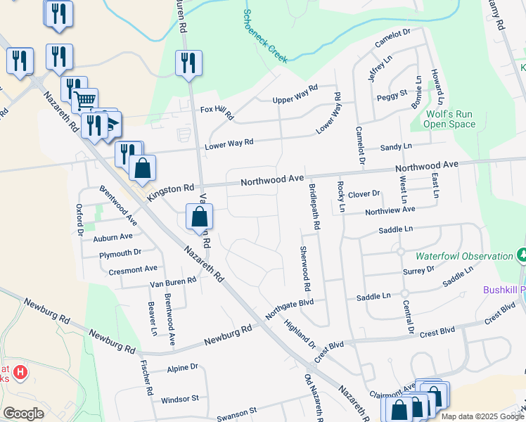 map of restaurants, bars, coffee shops, grocery stores, and more near 1011 Lillian Lane in Palmer Township